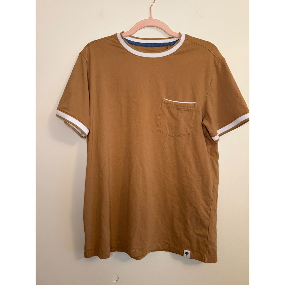 Free Planet Mens M Ringer Pocket T-Shirt Tan Camel Cotton Blend Palm Tree Logo